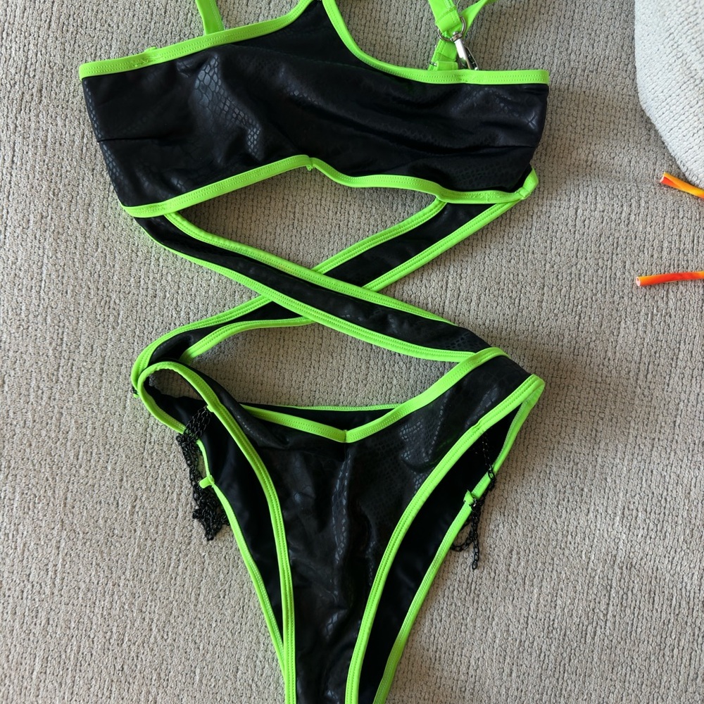 Black and Neon Green Strappy Swimsuit